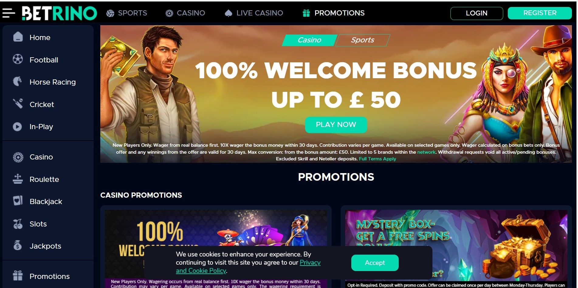 Betrino casino homepage with “100% welcome bonus up to £50” banner and promotions tiles