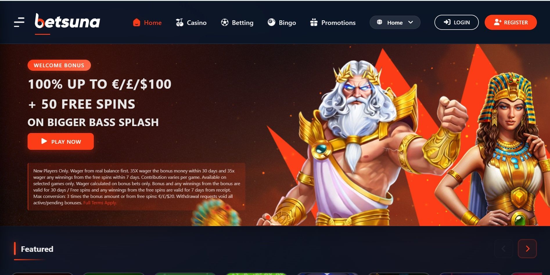 BetSuno casino homepage banner with orange promotion and fantasy characters on a dark background