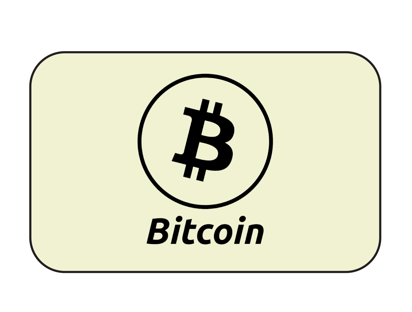 Bitcoin logo on a pale yellow rounded rectangle with black icon and text