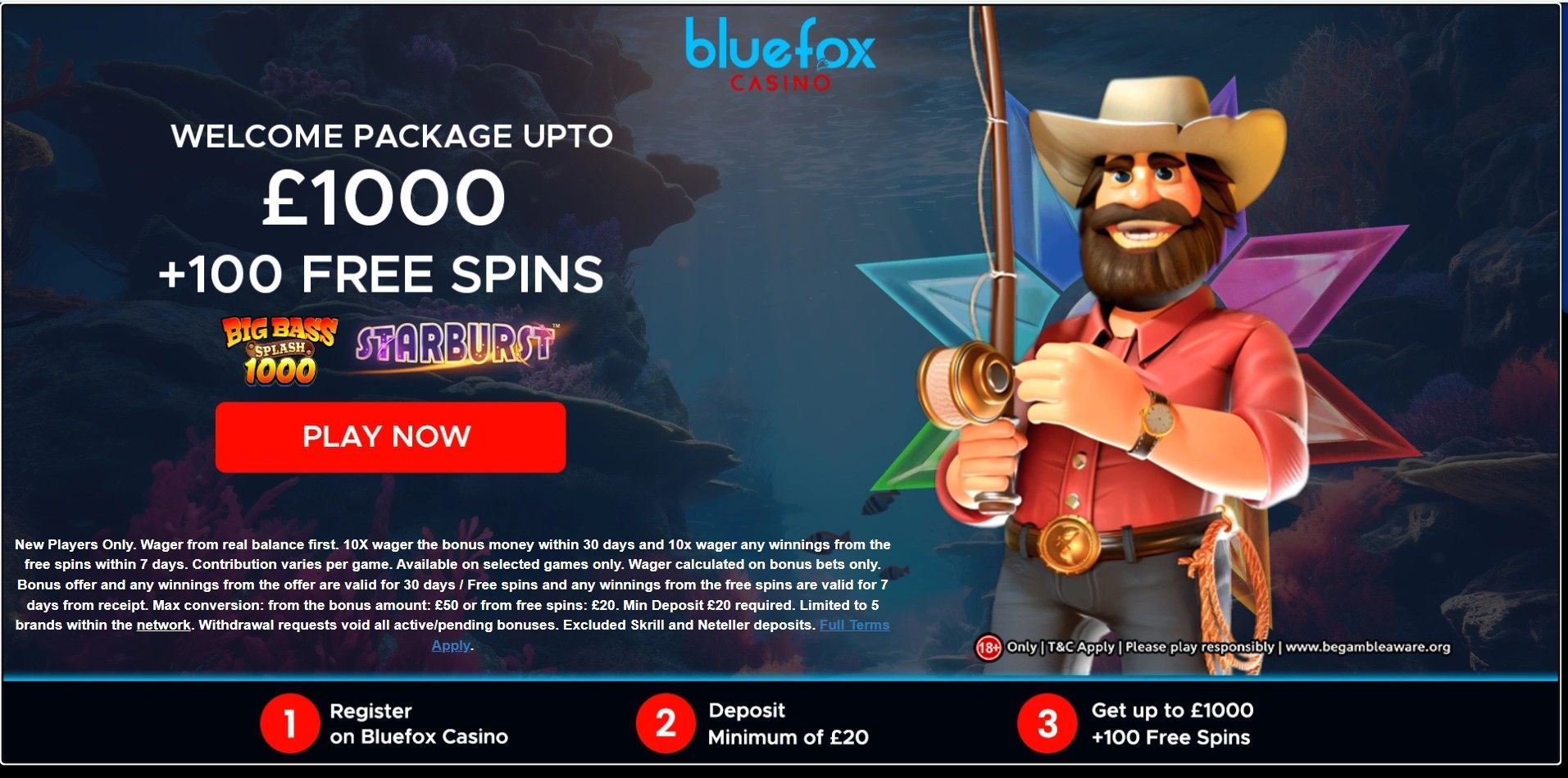 BlueFox casino promo with smiling jester and text: 100% up to €200, 21 free spins on Fire Joker
