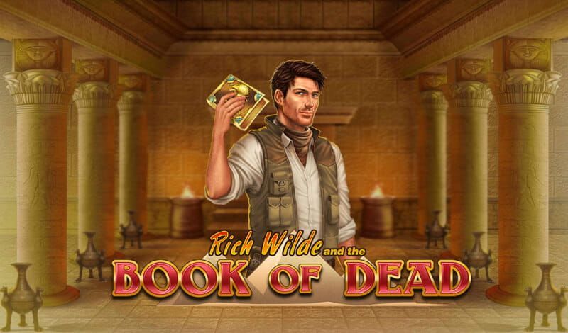 Man holding a gold book in a golden temple; title reads “Book of Dead”
