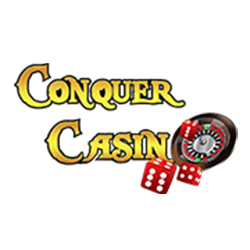 Conquer Casino logo with gold text, roulette wheel, and red dice