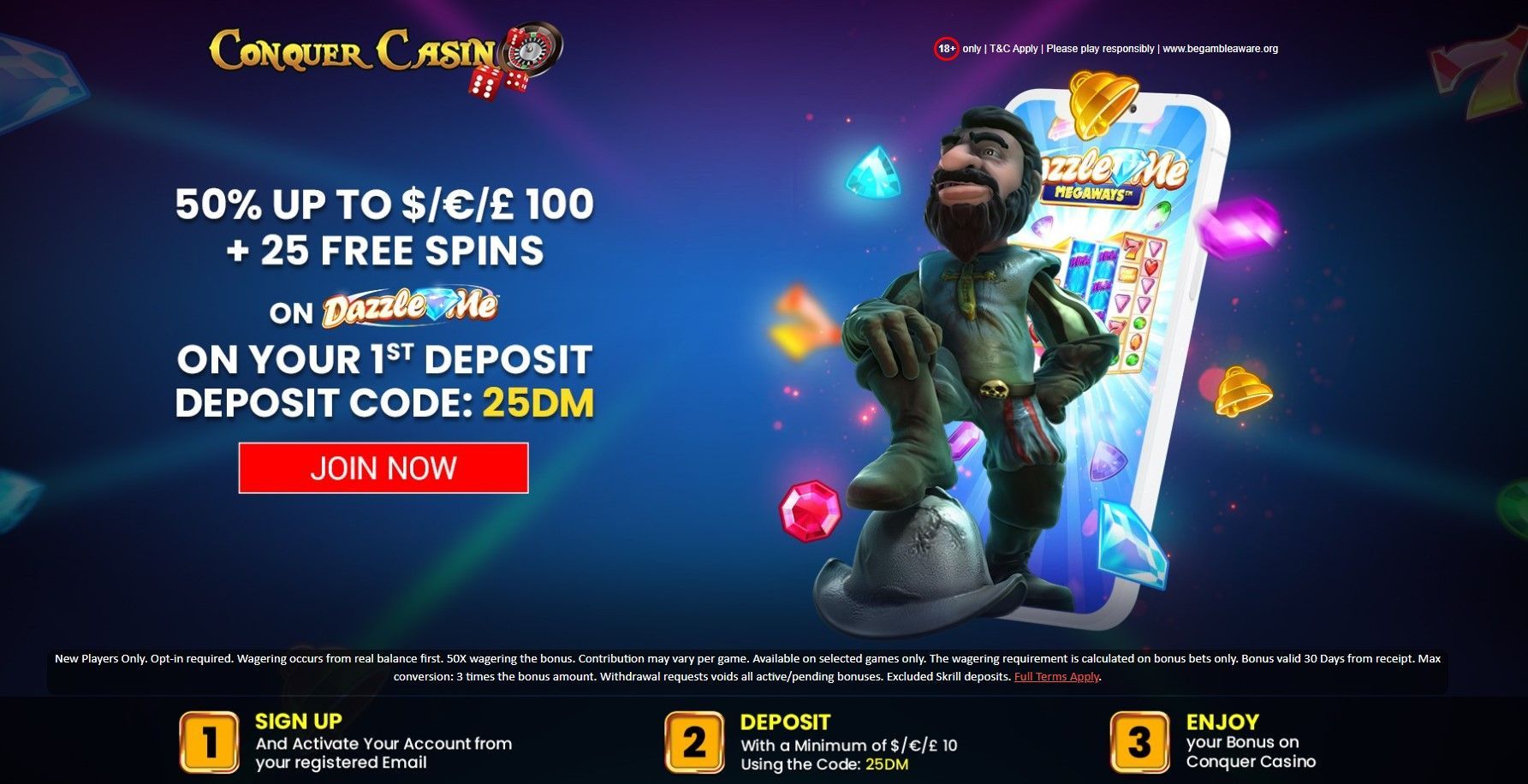 Casino promo banner with glowing slots, bold bonus text, and a suited man posing beside a jackpot screen