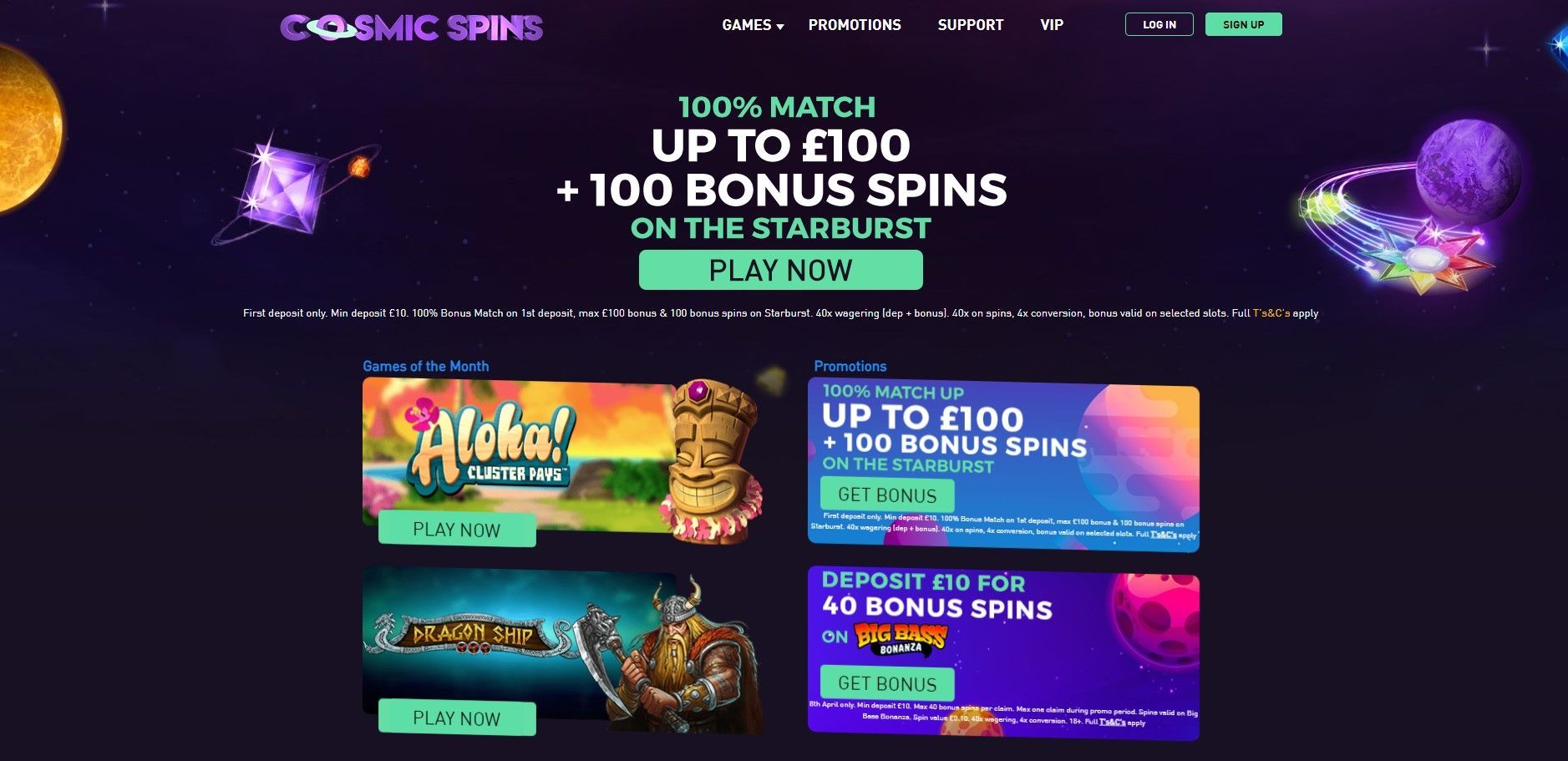 Purple online casino promo banner with bonus spins, colorful slot game tiles, and a “Play now” button