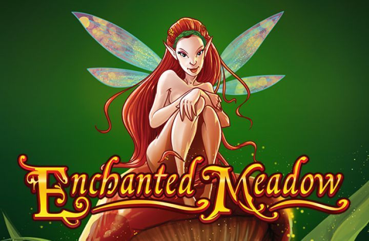 Fantasy logo with red-haired fairy over the title “Enchanted Meadow” on a green background