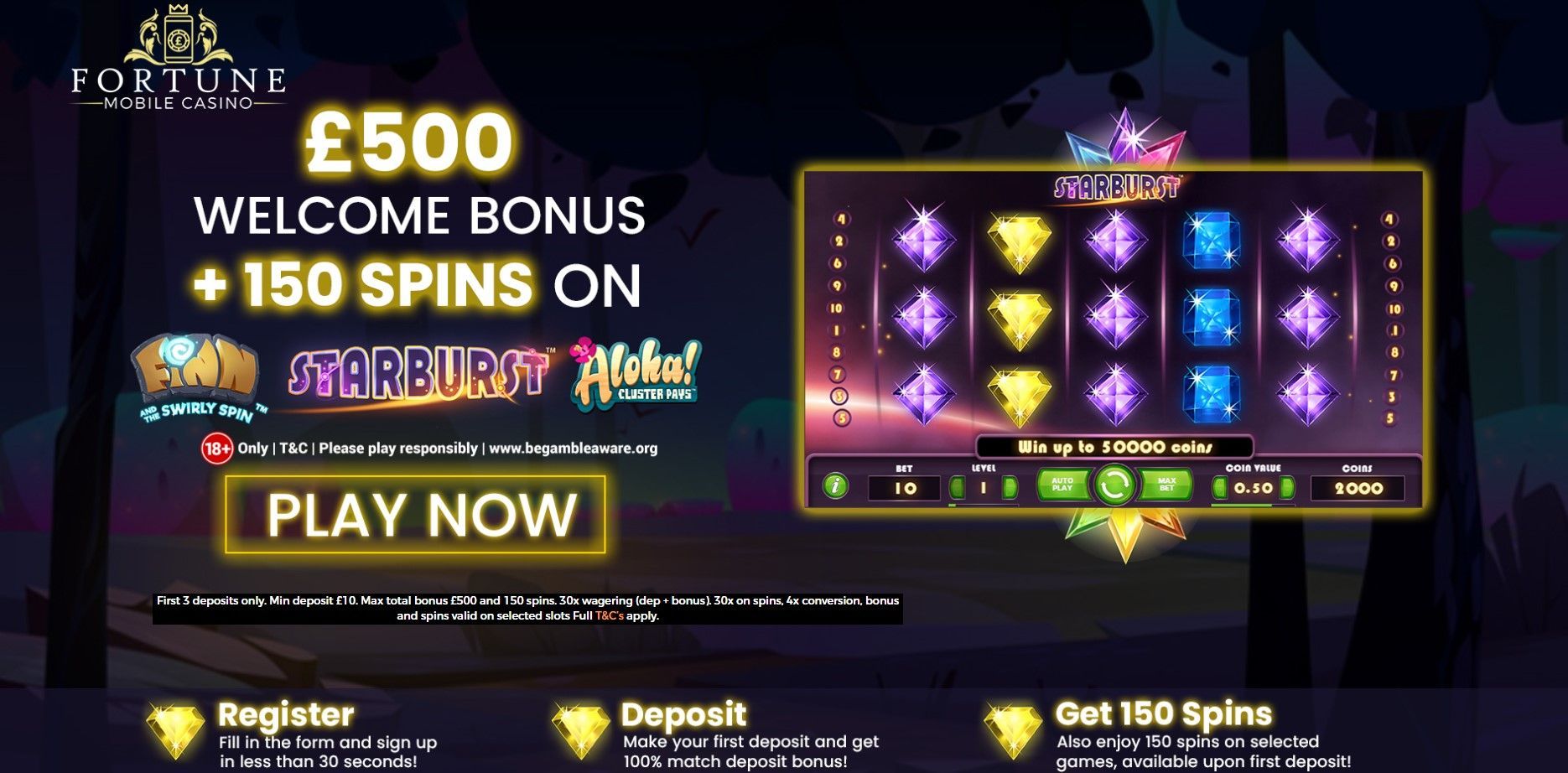 Online casino promo: £500 welcome bonus, 150 free spins, purple slot game screen, “Play Now” button