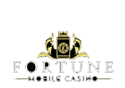 Fortune Mobile Casino logo with gold crown, black card-suit emblem, and silver text on white background