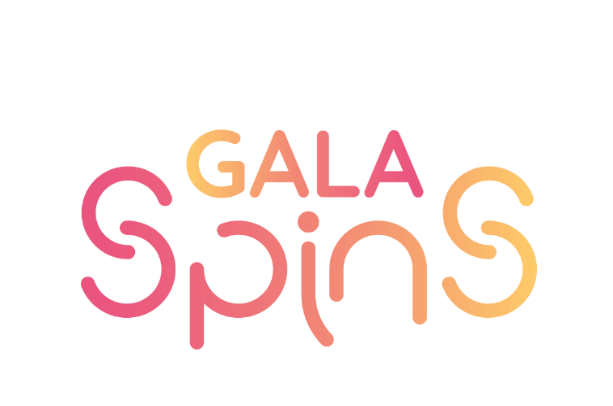 Colorful “GALA SPINS” logo in pink and orange on a white background