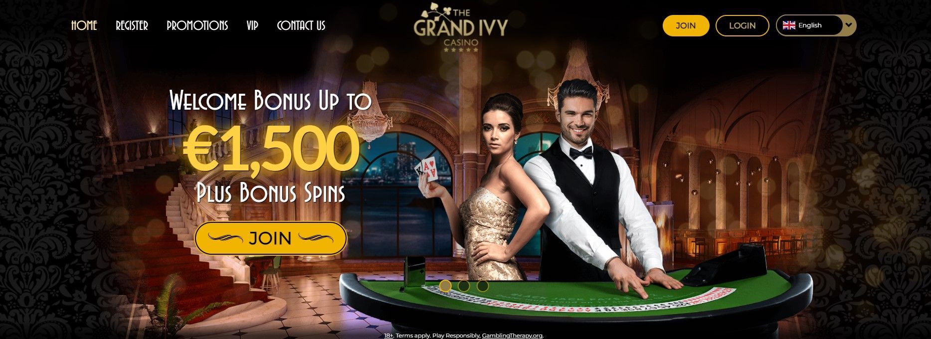 Casino promo banner with two people at a roulette table and £1,500 bonus offer on a gold sign