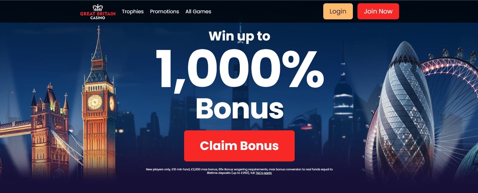 Promotional banner for a 1000% bonus with a red “Claim Bonus” button over a London skyline
