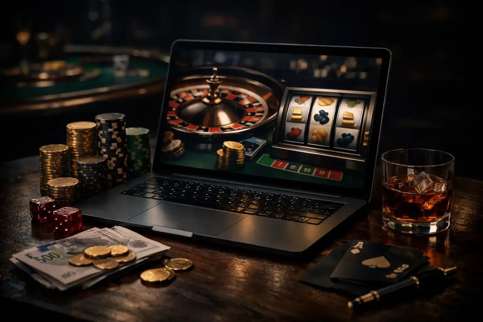 Casino scene with laptop showing poker, chips, cards, and a whiskey glass on a dark table