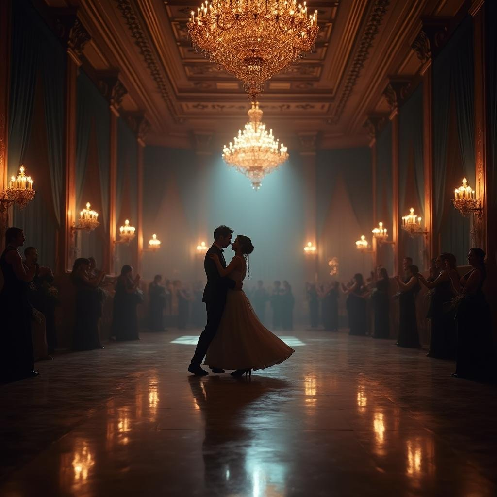 Grand candlelit ballroom with couple waltzing under crystal chandeliers