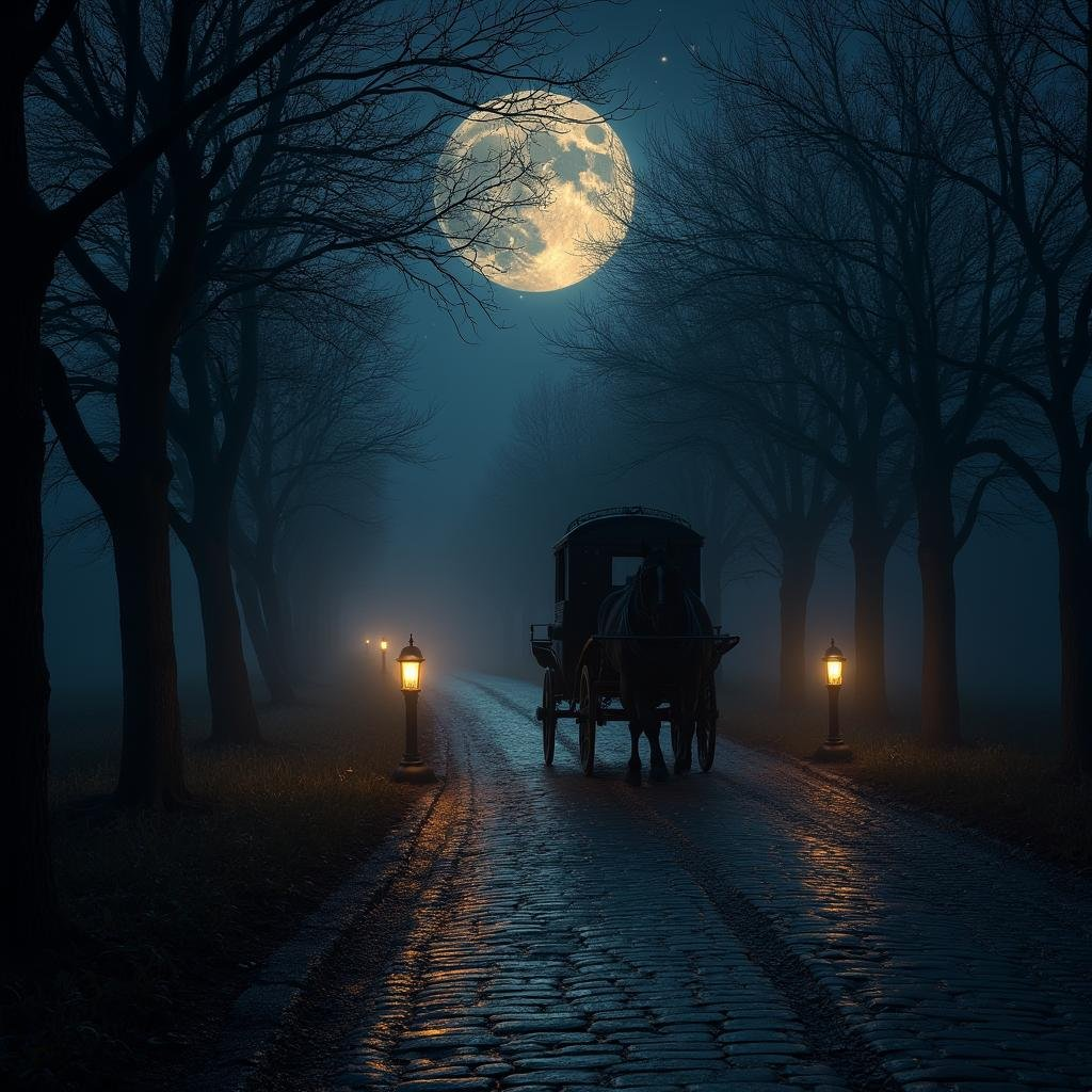 Black horse-drawn carriage on a moonlit cobblestone road with lanterns and bare trees