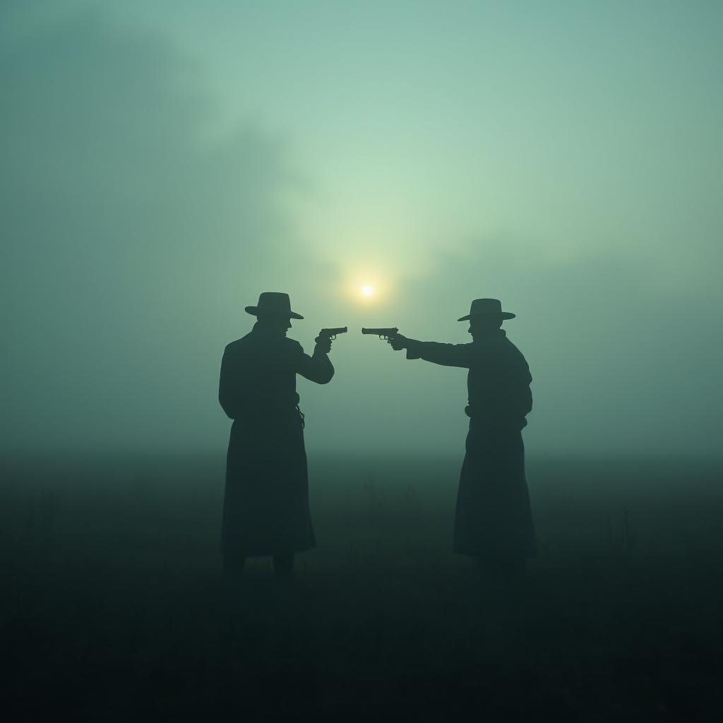 Two silhouetted figures facing off with pistols at dawn in a misty field