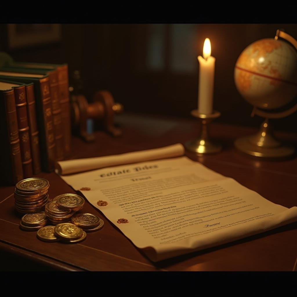 Gold coins and estate deed on a mahogany desk with candlelight and a globe