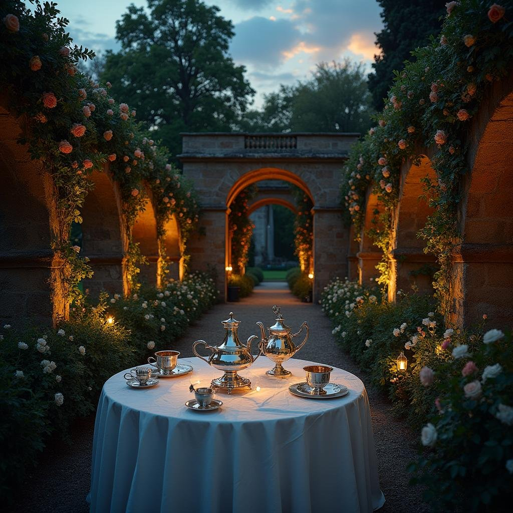 Lush Regency garden at dusk with rose archways and silver tea service