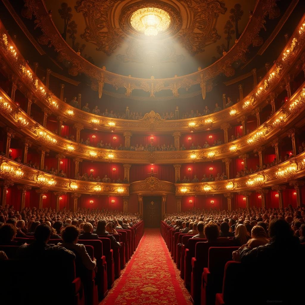 Grand opera house interior with gold balconies, red velvet and a central spotlight