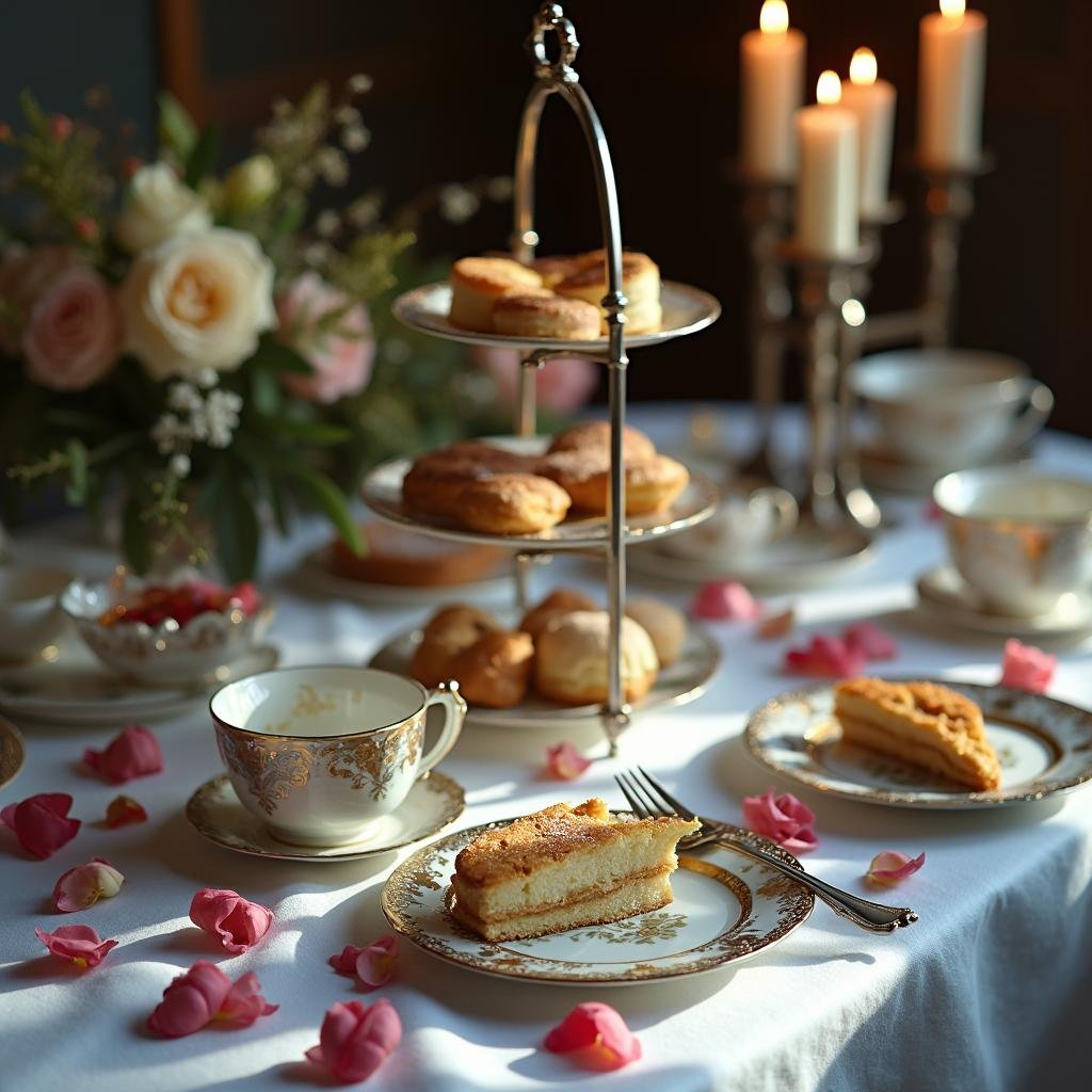 Regency afternoon tea with fine bone china, silver cake stand and rose petals