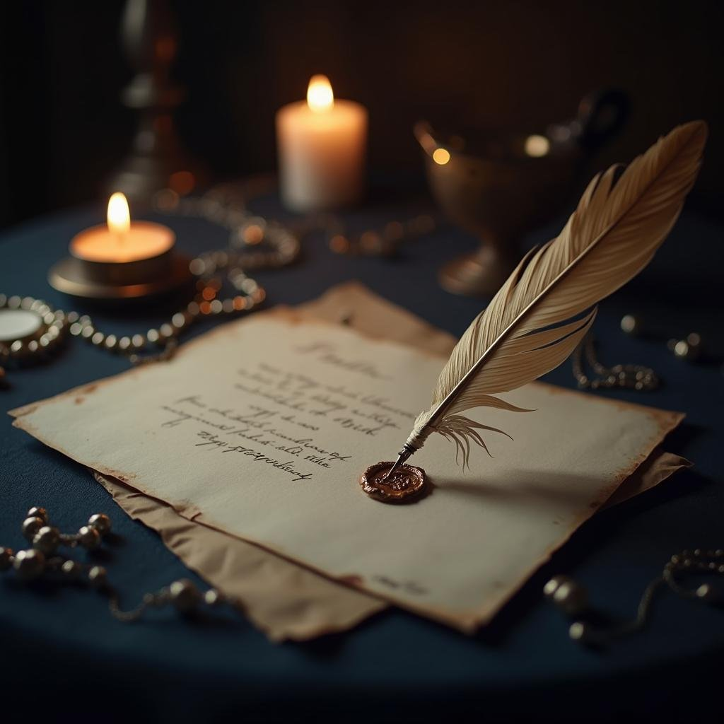 Quill pen on a wax-sealed letter with pearls and candlelight