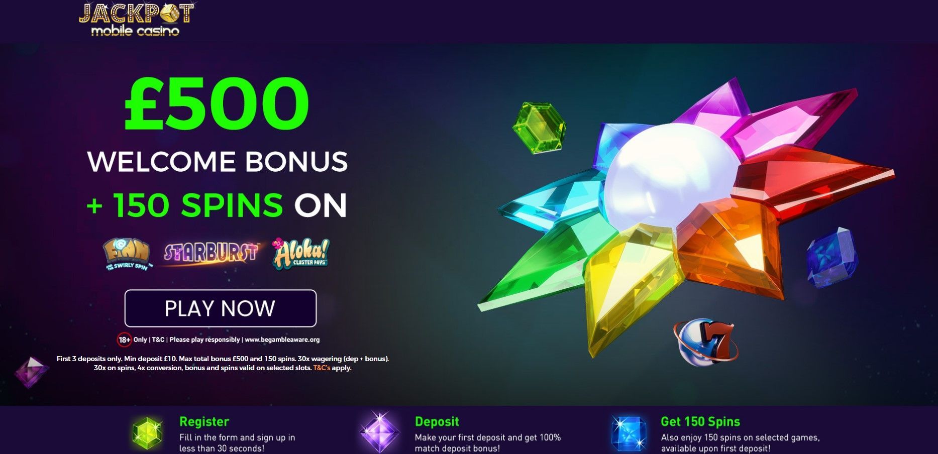 £500 welcome bonus and 150 spins casino promo with colorful gems on a dark purple background