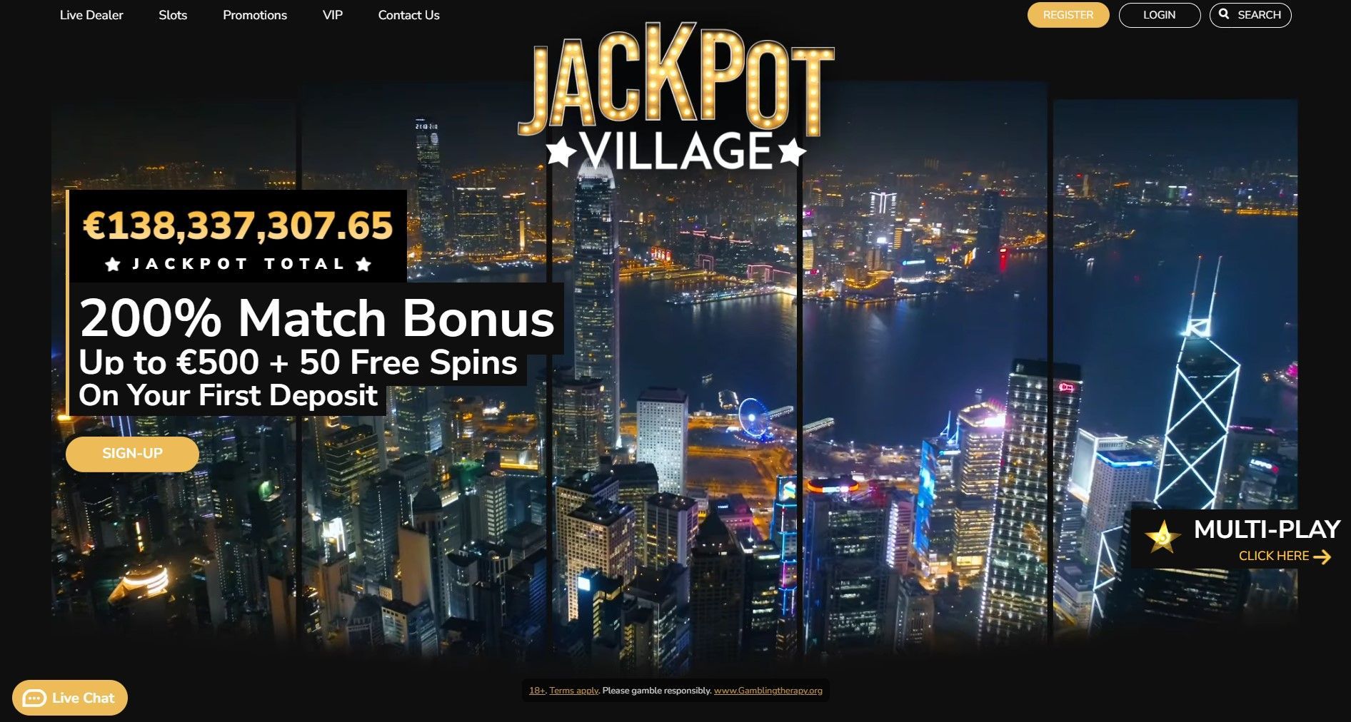 Dark city skyline with Jackpot Village casino promo, gold text, and “200% Match Bonus” offer