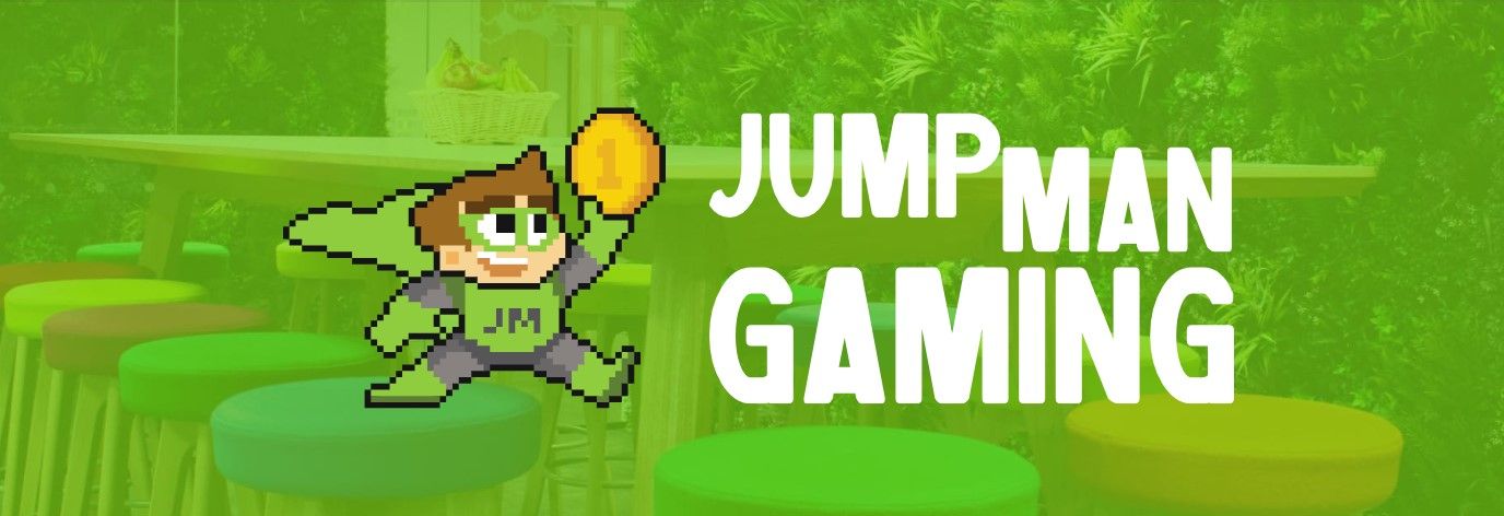 Green gaming banner with cartoon character jumping and bold white text “JUMP MAN GAMING”