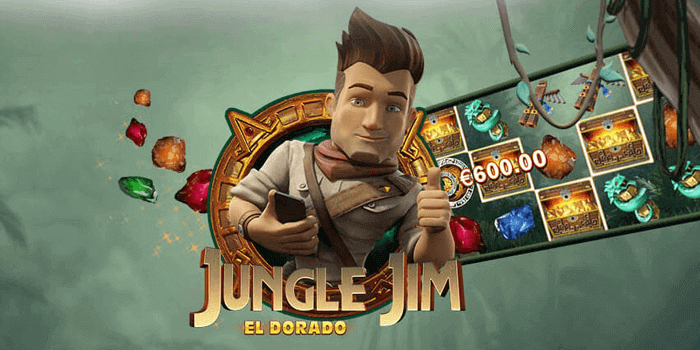 Jungle Jim game banner with adventurer holding a gun, jungle icons, and glowing slot reels on a green background
