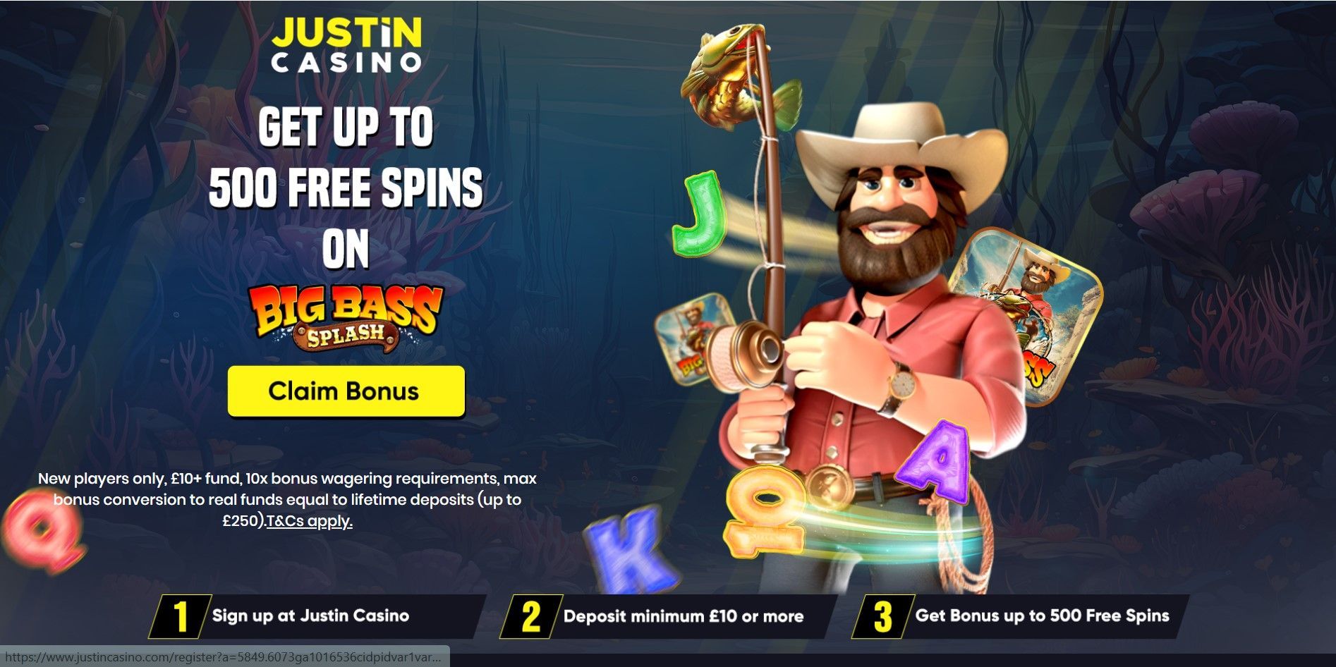 Justin Casino promo: “Get up to 500 free spins” with a cowboy mascot and claim bonus button.