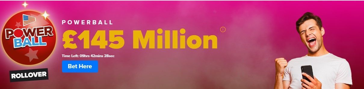 National Lottery Powerball £1 Million banner with smiling man holding a ticket on a pink background