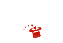 Red magician's hat with stars and a wand icon on a white background