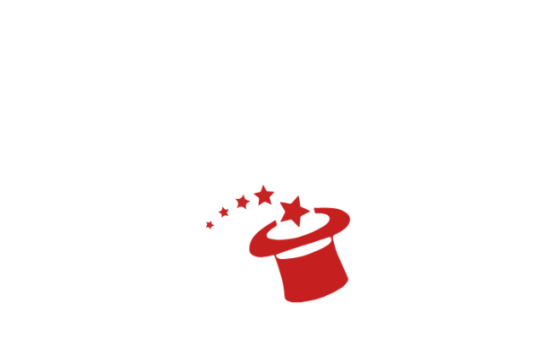 Red magic hat with a white band and stars above it on a white background