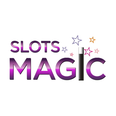 SLOTS MAGIC logo in purple and black with sparkles and star icons
