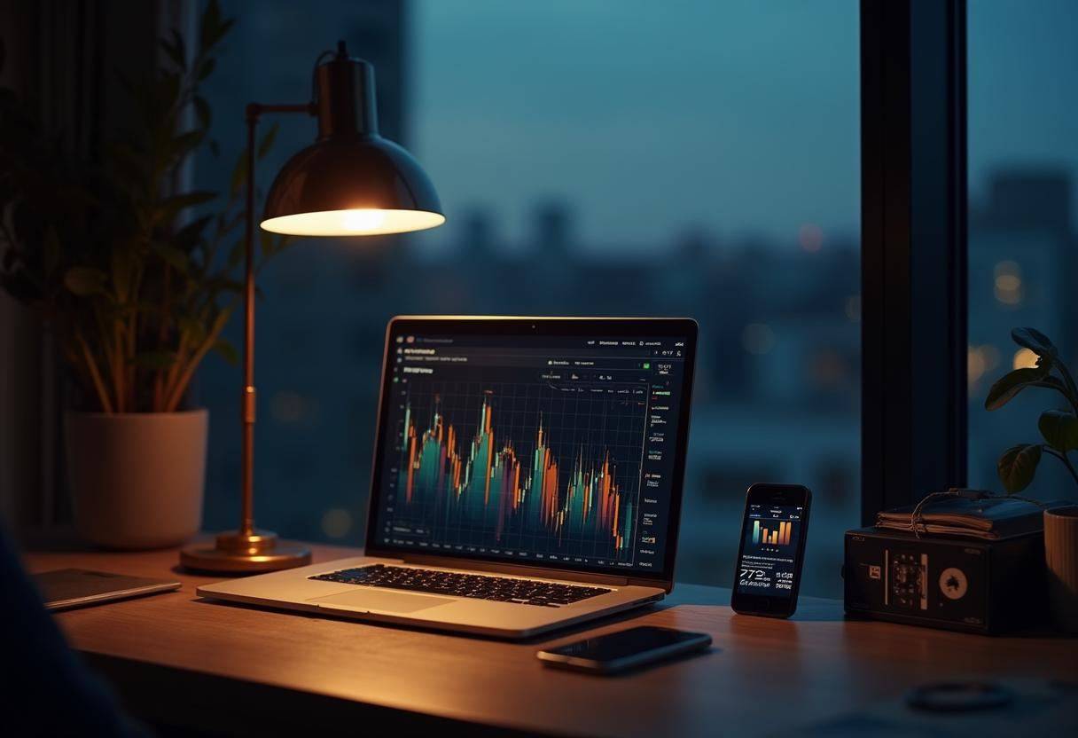 Desk with lit lamp, laptop showing stock charts, and a smartphone by a window at dusk.