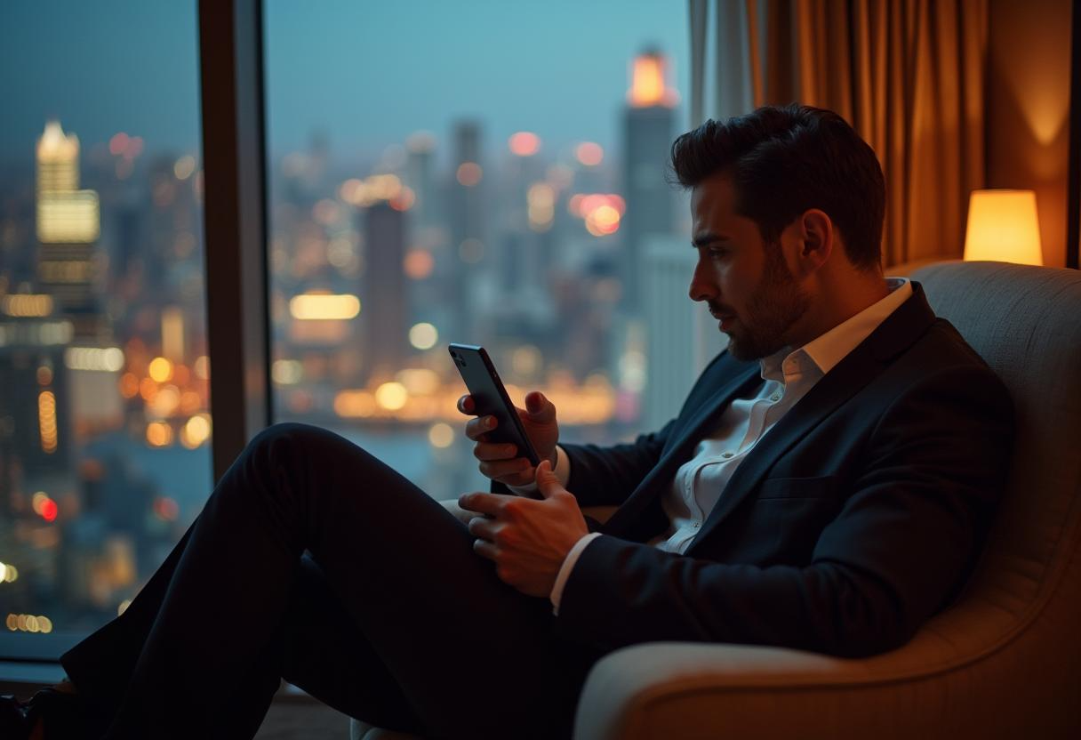 Man in a dark suit using a smartphone beside a window with a blurred city skyline at night