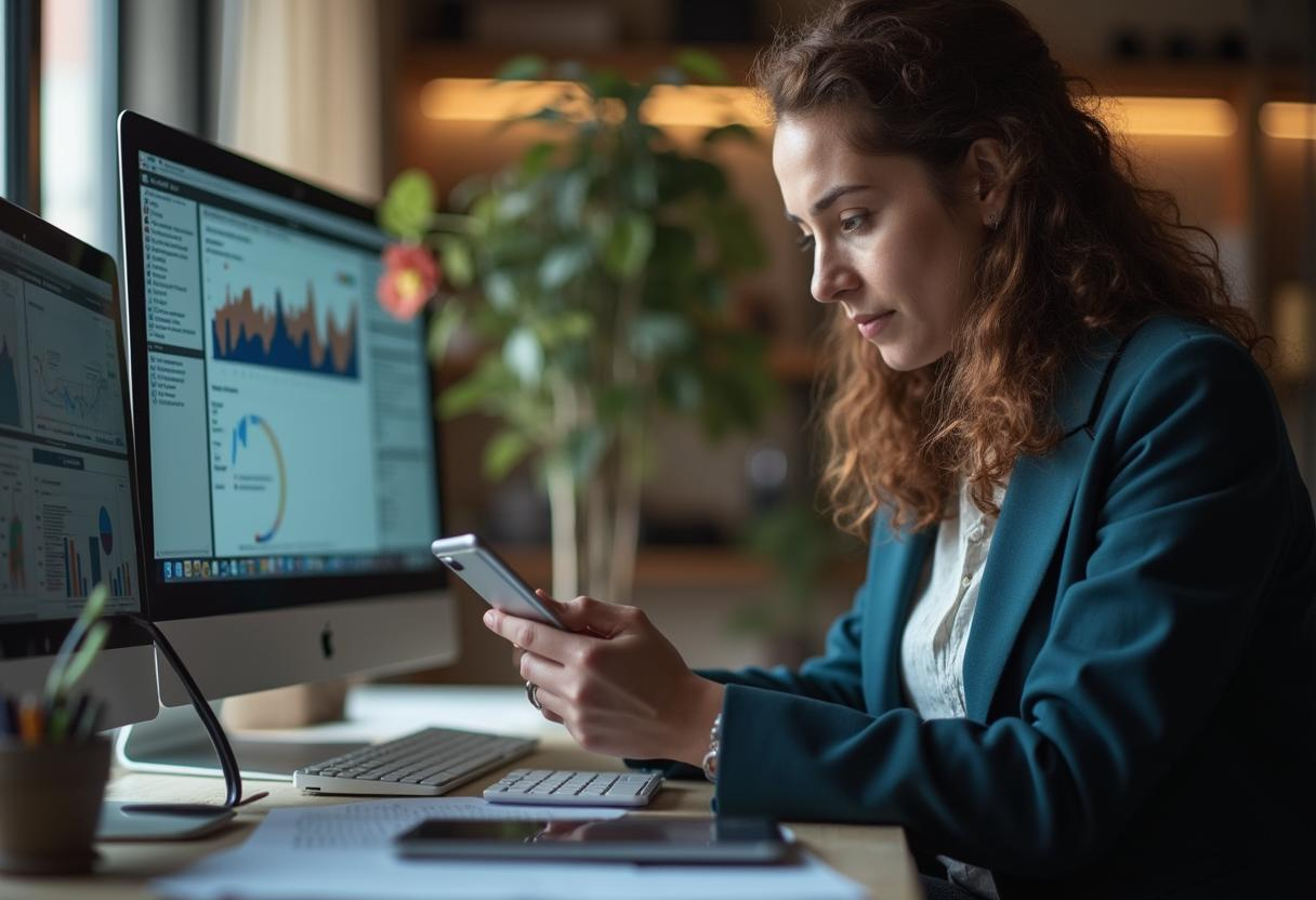 Woman working at a desk, looking at a smartphone beside dual monitors with charts in a bright office