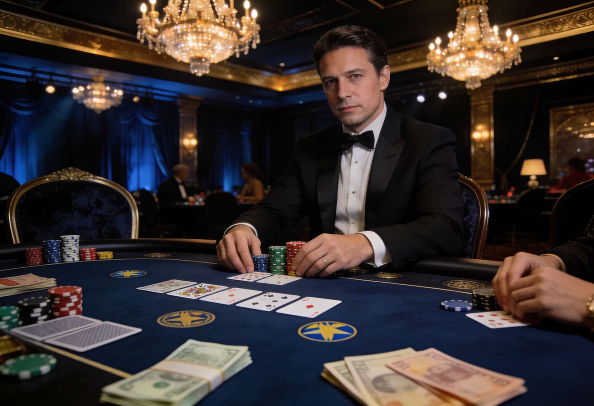 Casino dealer overseeing a blackjack table as players sit around screens and chips in a dim lounge