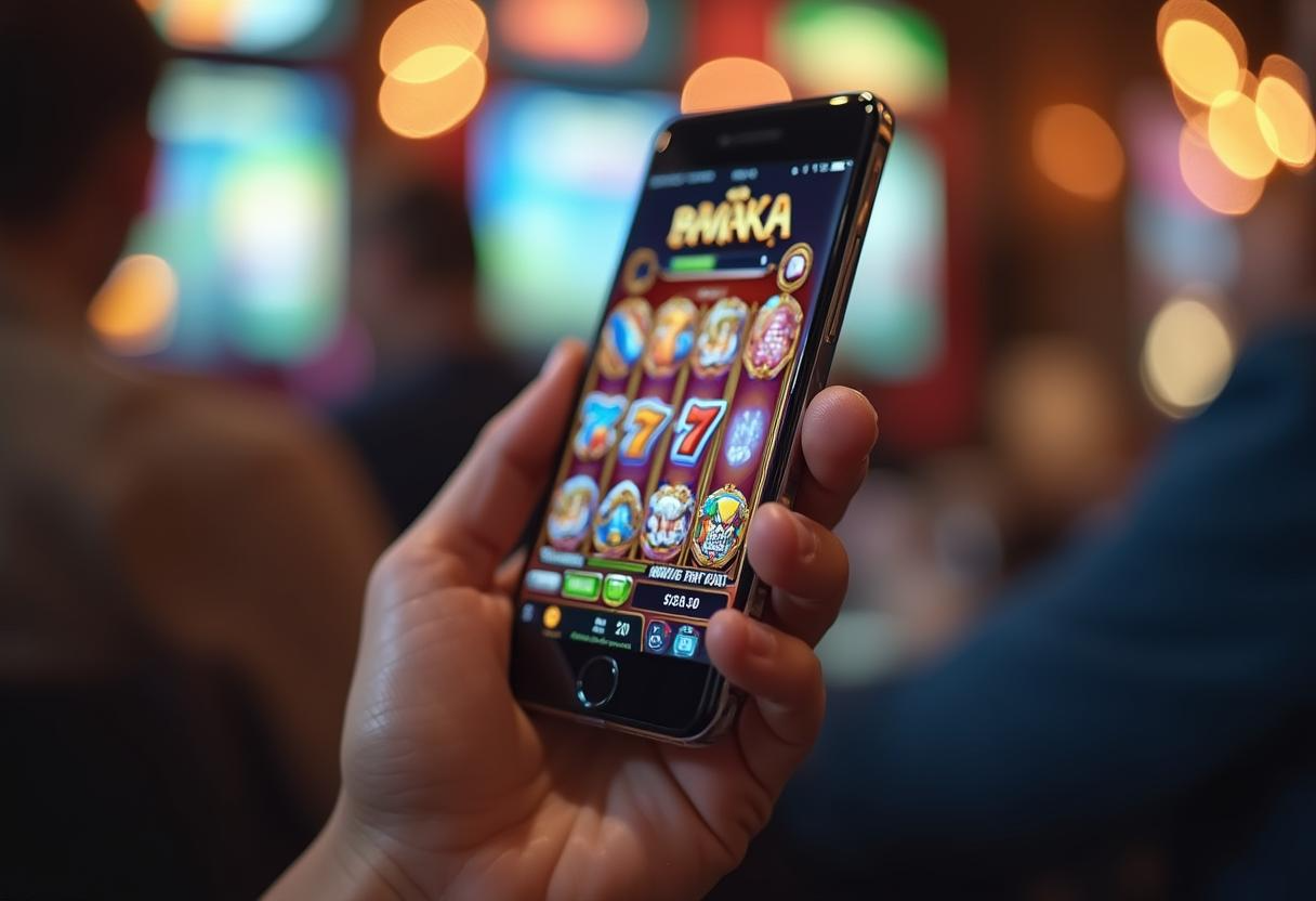 Person using a smartphone with colorful app icons in a dimly lit setting