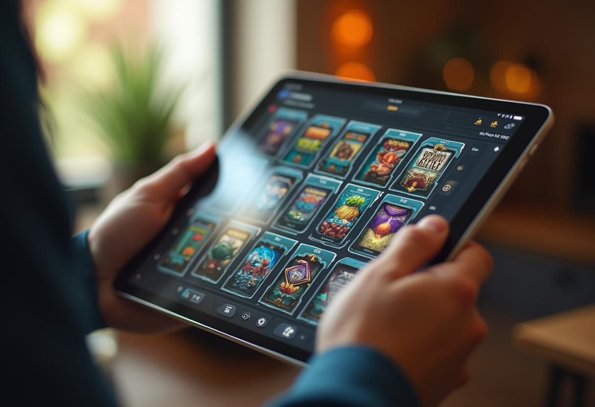 Hands holding a tablet displaying a colorful app grid in a dim room