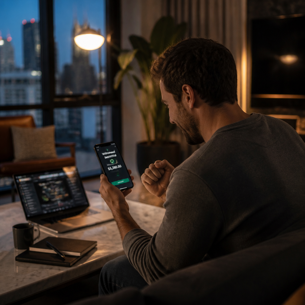 Man using a smartphone at a desk beside a laptop in a dimly lit room at night