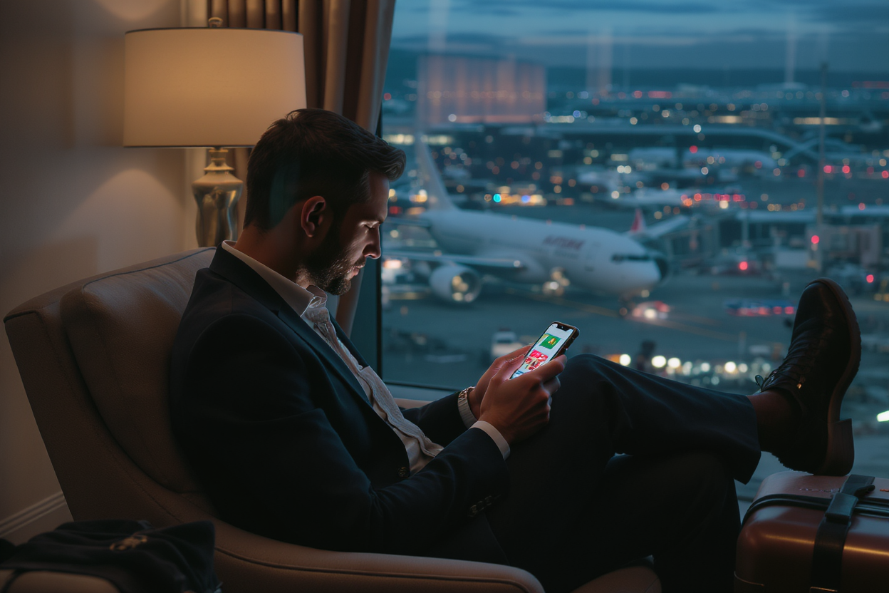 Man in a chair by a window at dusk, looking at his phone with airport lights in the background