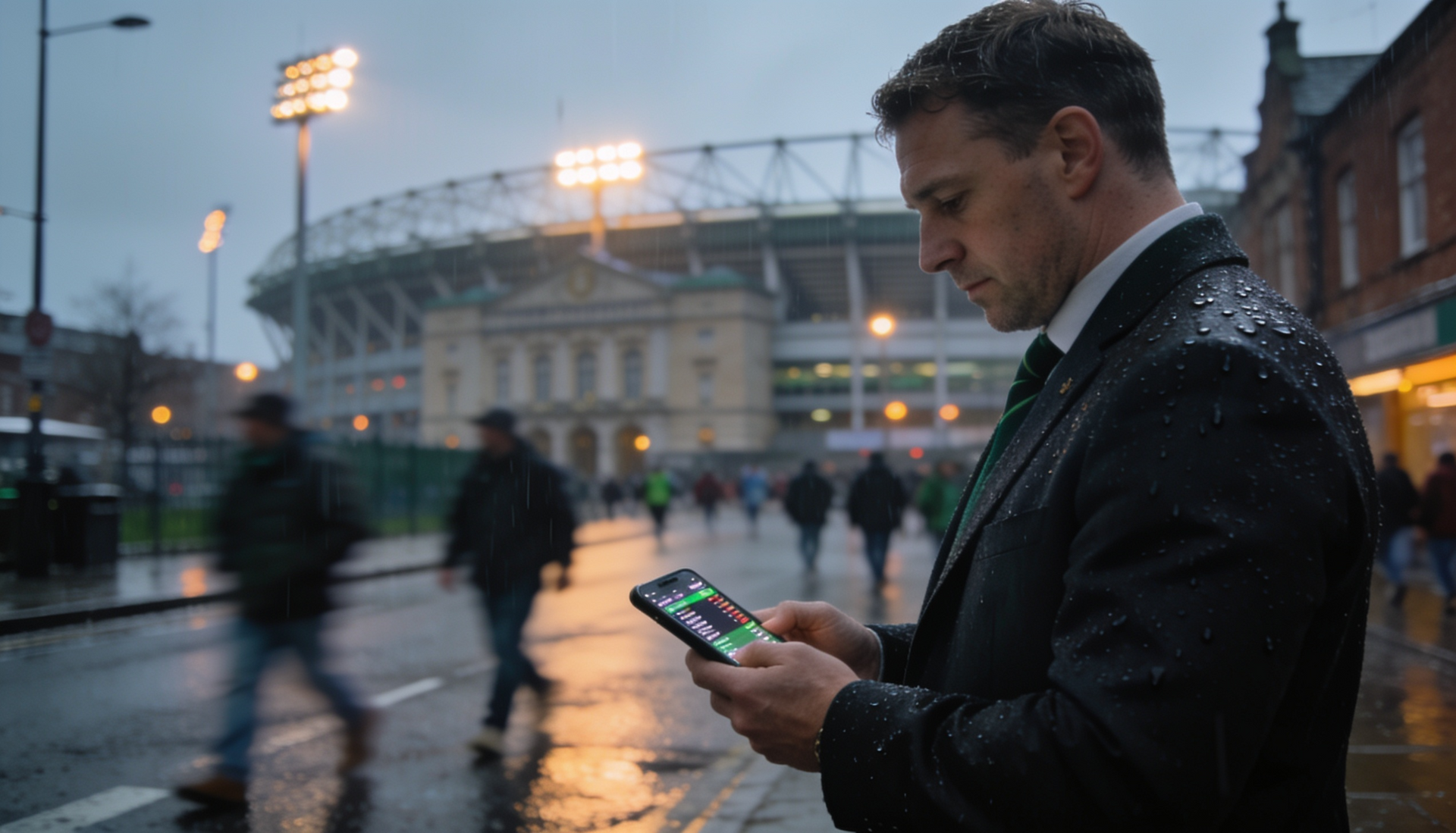 Man checking phone outside a stadium at dusk in the rain, with blurred pedestrians and glowing lights