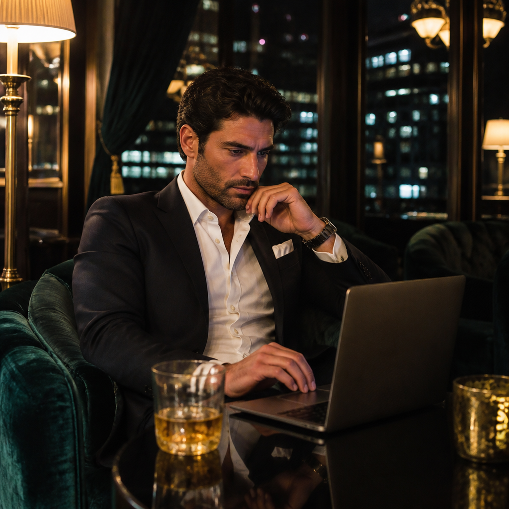 Hands using a phone and laptop at a poker table with chips, cash, and a whiskey glass; online gambling scene