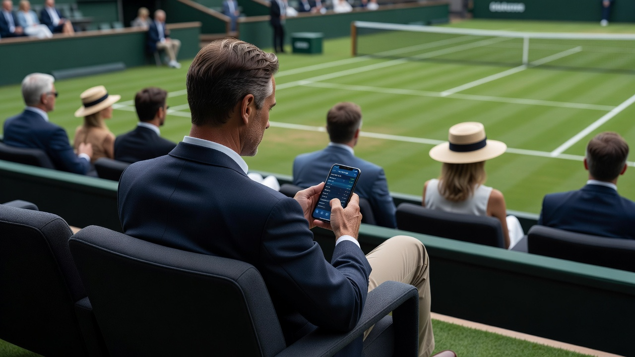 Man in suit using phone in stadium lounge overlooking a soccer match