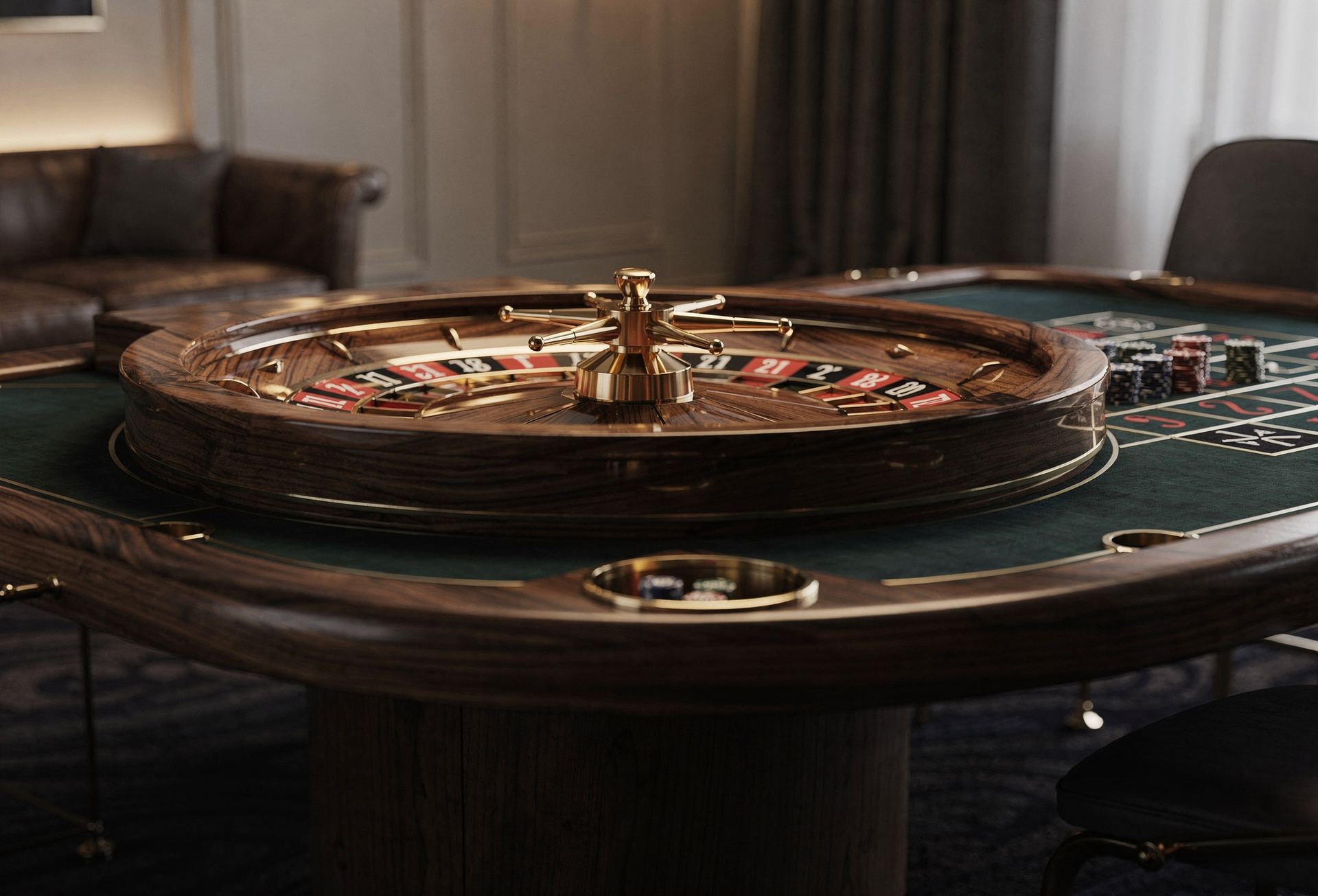 Casino poker table with a roulette wheel and chips in a dimly lit room