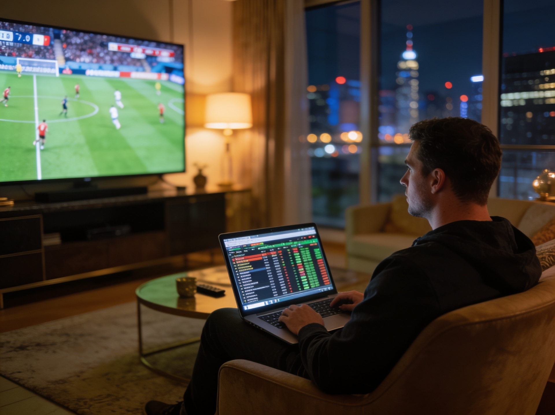 Person watching a soccer match on TV with live stats on a laptop in a city apartment at night