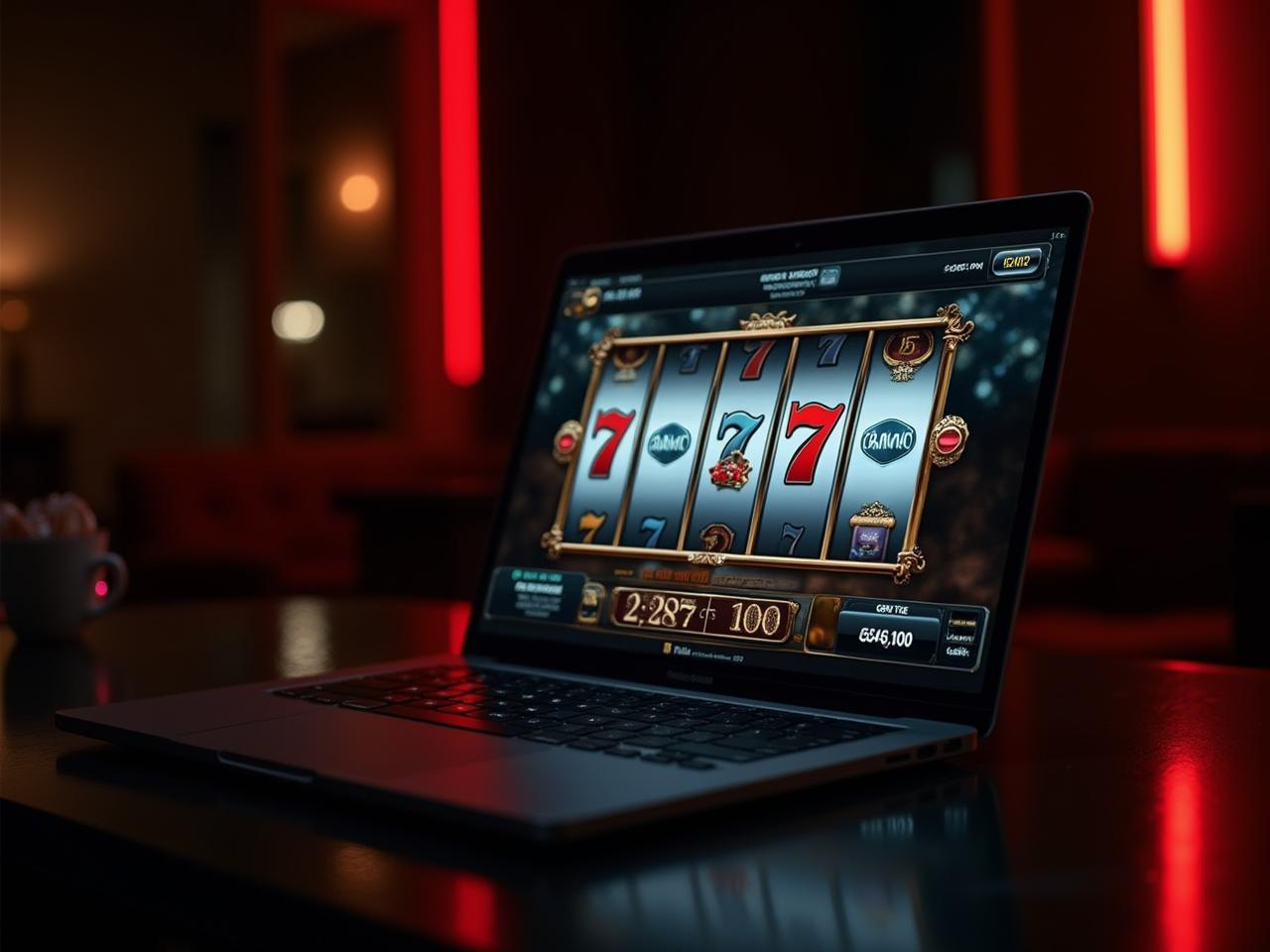 Laptop displaying a slot machine game in a dark room with red neon lighting