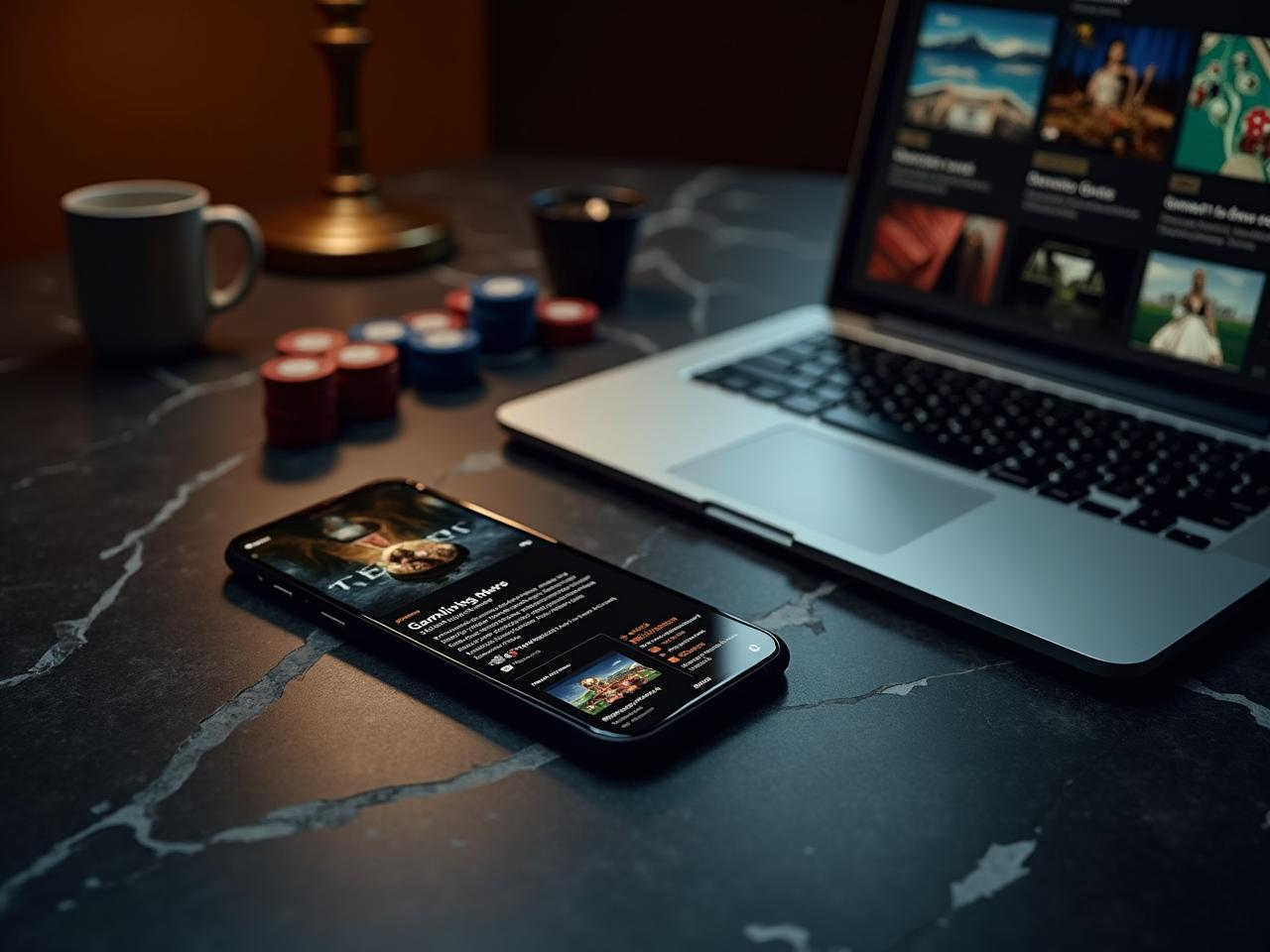 Smartphone and laptop on a dark marble desk, with coffee mugs and poker chips in a moody workspace