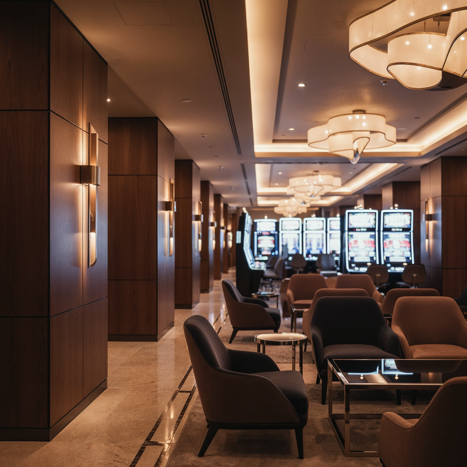 Elegant lounge with armchairs, warm pendant lights, and a polished hallway in a modern casino or hotel.