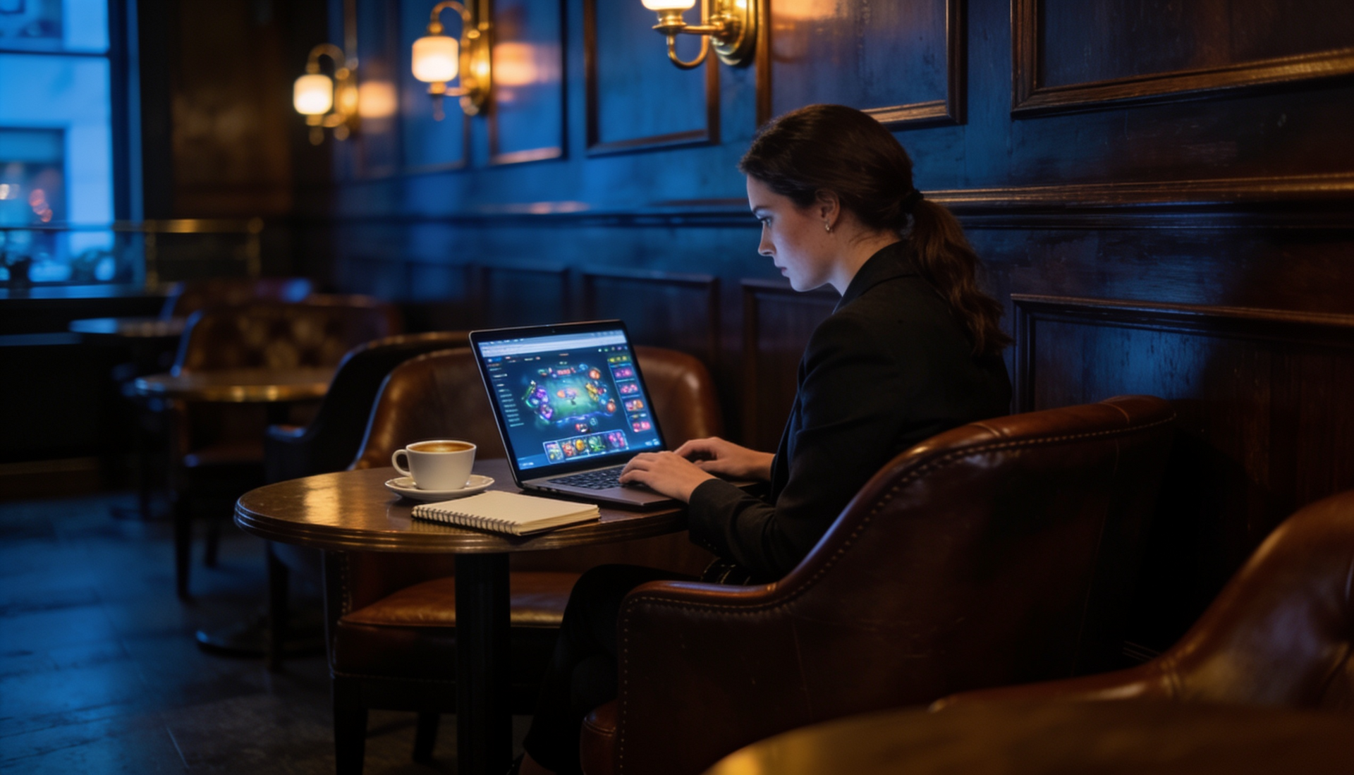 Person working on a laptop in a dimly lit lounge with a cup of coffee and a notebook nearby