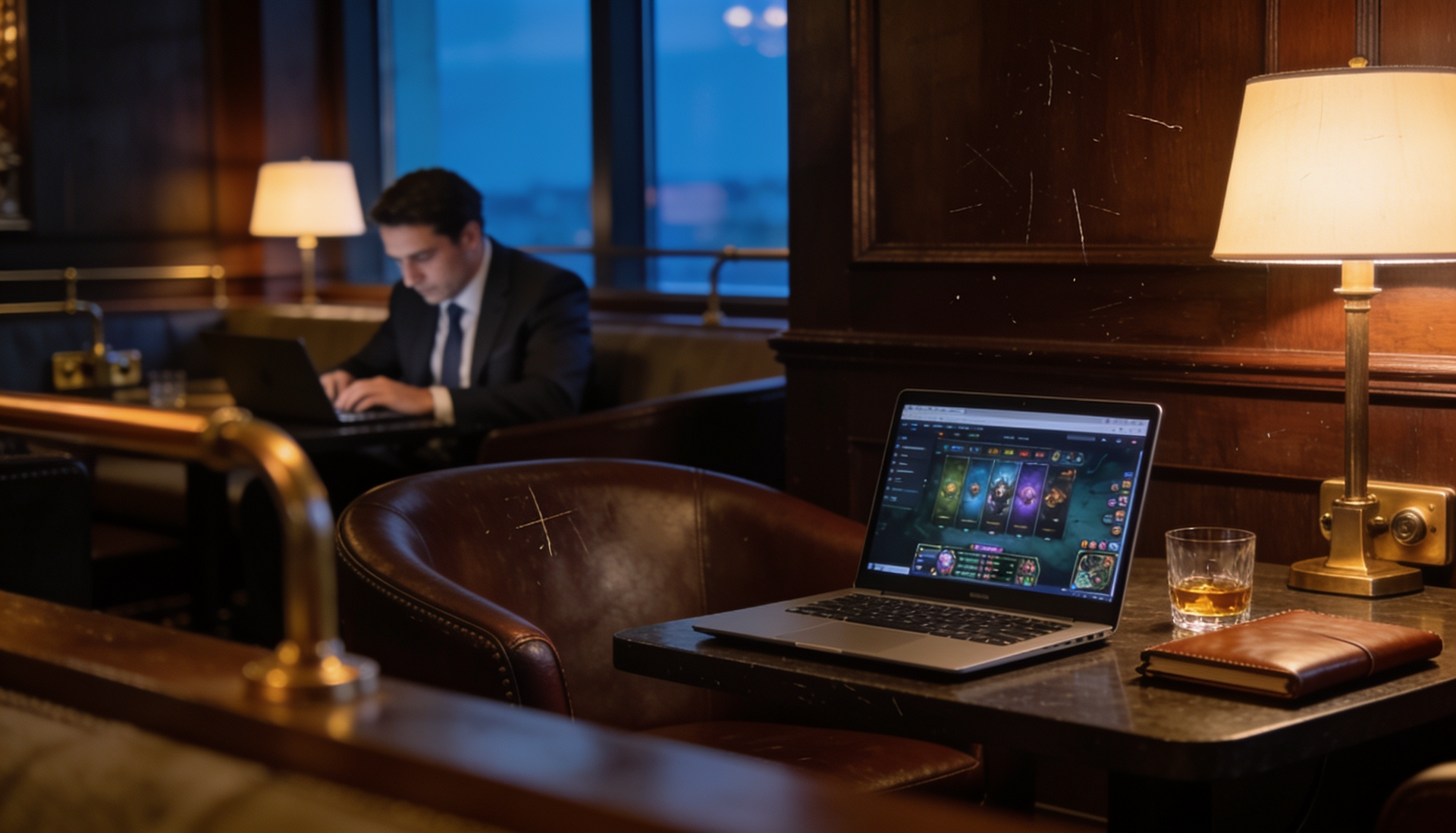 A laptop on a wooden table in a dim lounge, with a man seated in the background reading.